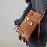 Qfdian Japanese Vintage Tassel Shoulder Bag Y2k Aesthetic Fashion Women Button Mini Cellphone Bags Casual Kawaii Ins Handbags Crossbody