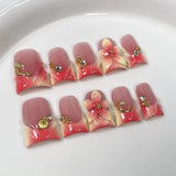 Qfdian  10pcs Ocean Style Fake Nails Duck Bill Press on Nails Set Handmade 3D Flowers Pearl Nail Art Gradient Blush French False Nails
