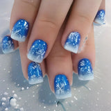 Qfdian  24pcs Merry Christmas Press On Nails Glitter Blue Short Square False Nail With Snowflake Designs French Fake Nail For Women