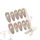 Qfdian 10pcs Luxury Handmade Long Oval False Nail Glitter Cat Eye French Press On Nails Shiny Rhinestone Decor Wearable Fake Nail