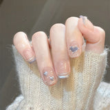 Qfdian  10Pcs Sweet Heart Nail Glitter Diamond Fake Nails Cute French Short Square Press on Nails Cat Eye Pearl Fake Nails Nude Natural