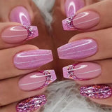 Qfdian 24Pcs Gradient Short Ballet Nails Set with Glue White Simple False Nails Coffin Fake Nail Press on Nails Full Cover Nail Tips