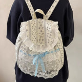 Qfdian Korean Lace Patchwork Sweet Bow Backpack Women Students Chic Flower Print Bow Schoolbags Y2k Aesthetic Girls All Match Backpacks