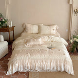 Qfdian  Luxury Lace Ruffles Lyocell Bedding Set, Soft Cooling Flower Duvet Cover Set Bed Sheet/Bed Skirt/Fitted Sheet Pillowcases 4Pcs