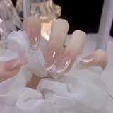 Qfdian 24Pcs Nude Pink Nail Tips Short Round Head False Nails with Design Wearable Finished Fake Nails Full Cover Press on Nails
