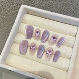 Qfdian 10Pcs Aurora Handmade False Nails with Jelly Glue Long Almond Fake Nail Art Shell Design Press on Nails Full Cover Manicure Tips