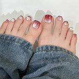 Qfdian  24pcs Light Pink Cat's Eye Press On Nails For Foot Simple Red Wave Point Decor False Toenails Korean Style Summer Fake Toenail