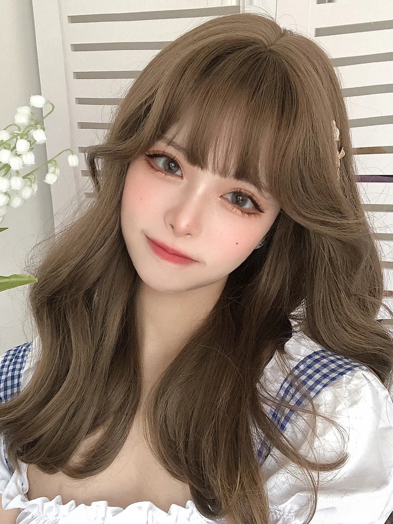 Qfdian 20Inch Honey Brown Lolita Synthetic Wigs with Bangs Long Natural Wavy Hair Wig for Women Daily Use Cosplay Drag Heat Resistant