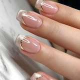 Qfdian 24Pcs Gradient Short Ballet Nails Set with Glue White Simple False Nails Coffin Fake Nail Press on Nails Full Cover Nail Tips
