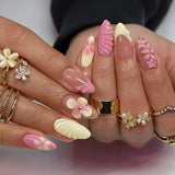 Qfdian 24pcs French Press on Nails Art Simple Pink Flower Star Design False Nail Tips Finished Mid-length Almond Fake Nail Set Manicure