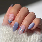 Qfdian  24pcs Milk Blue French Style Press On Nails Glitter Almond Cat's Eye Fake Nails With Bowknots Diamond Decor Charming False Nail
