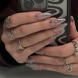 Qfdian 24Pcs Simple French Nails Art Tips Fake Nails 3D Design Wearable Full Cover False Nail Mid-length Almond Reusable Press on Nails