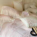 Qfdian 4Pcs Flowers Embroidery Lace Ruffles Princess Wedding Bedding Set Egyptian Cotton Duvet Cover Bed Sheet/Fitted Sheet Pillowcases