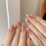 Qfdian 24Pcs Nude Pink Nail Tips Short Round Head False Nails with Design Wearable Finished Fake Nails Full Cover Press on Nails