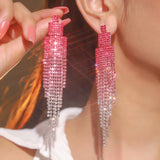 Qfdian  Fashionable Shiny Rhinestone Long Tassel Earrings