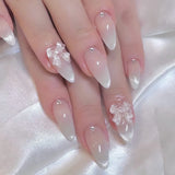 Qfdian  24pcs Sweet Blush Cat's Eye False Nails Glossy Pink 3D Transparent Bowknots Decor Press On Nails French Style Simple Fake Nail