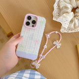 Qfdian Summer pink green check colorful fundas for iphone 15pro 14pro 13 14 15 pro max 13pro 15promax bowknot chain ins phone case