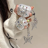 Qfdian  Luxury Colorful Diamond Butterfly Bluetooth Headset Case For AirPods Pro 2nd Air Pods 4 3 2 1 Clear Earhone Case with Pendant
