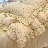 Qfdian 2/3Pc Korean Princess Style Floral Ruffles Bedding Set Single Queen Size Soft Skin-friendly Washed Cotton Duvet Cover Pillowcase