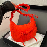 Qfdian Women Ins Casual Sweet Kawaii Bow Handbags Pleated Y2k Aesthetic Vintage Underarm Bag Fashion All Match Shoulder Crossbody Bags