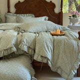 Qfdian 100% Cotton Pastoral Floral Print Ruffles Bow Princess Bedding Set Queen King Duvet Cover Set Bed Sheet/Fitted Sheet Pillowcases