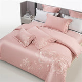 Qfdian 4Pcs Luxury Flowers Embroidery 1400TC Egyptian Cotton Red Wedding Bedding Set Duvet Cover Set Flat/Fitted Bed Sheet Pillowcases