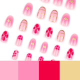 Qfdian  24pcs Sweet Pink Flower Press On Nails Glossy Short Almond Full Cover Stick-on Nails Gold Stripe Blush Artificial False Nails