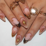 Qfdian  24pcs Short Almond Sweet Cool Press on Nails Glitter French Nail Art 3D Metal Star Stick on Nails Brown Gradient Rhinestone Nail