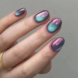 Qfdian  24Pcs Solid Color Grey Almond Fake Nail Cat's Eye Design Wearable Round Head False Nails with Shiny Powder Press on Nails