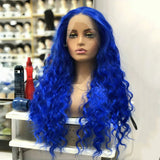 Qfdian Blue Wig Long Blue Curly Wig Synthetic Lace Front Wig Glueless Wigs Ready to Wear Water Wave Deep Curly Wigs for Women Party