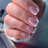 Qfdian  24Pcs Short Square Nude French Tip Press On Nails Set Reusable Acrylic Full Cover Fake Nail with Glue for Women&Girls Decoration