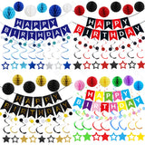 Qfdian  Blue Birthday Party Decoration Honeycomb Balls Happy Birthday Banner Hanging Swirls Circle Dots Garland Boy Birthday Party Decor