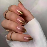Qfdian  24Pcs Solid Color Grey Almond Fake Nail Cat's Eye Design Wearable Round Head False Nails with Shiny Powder Press on Nails
