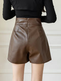 Qfdian  y2k Irregular Waist PU Shorts Women New Wide Leg A-Line Black Shorts Harajuku Loose Casual Faux Leather Shorts Female
