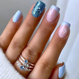 Qfdian  24pcs Merry Christmas Press On Nails Glitter Blue Short Square False Nail With Snowflake Designs French Fake Nail For Women