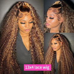 Qfdian 13x6 HD Brown Lace Front Wig Honey Blonde Curly Human Hair Wigs Ombre Highlight Wig Human Hair Deep Water Wave Lace Frontal Wig