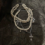 Qfdian Trendy Vintage Black Star Cross Pendant Multi Layer Chain Necklace For Women Girl Gothic Y2K Charm Jewelry Accessories Wholesale