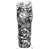 Qfdian Full Arm Tattoo Waterproof Temporary StickerCool Skull Fish Dragon Lion Clock Men Women Art Fake Sticker Glitter Style