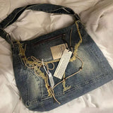 Qfdian Washed Denim Women Shoulder Bag Large Capacity Student Zipper Messager Handbags