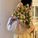Qfdian Y2k Aesthetic Chic Flower Print Shoulder Bags Women Contrast Color Sweet Kawaii Dot Underarm Bag Fashion Cute Purse and Handbags