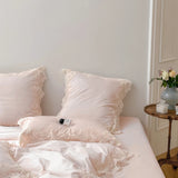Qfdian 1000TC Egyptian Cotton Romantic Lace Edge Princess Wedding Pink 4/7Pcs Bedding Set Duvet Cover Flat/Fitted Bed Sheet Pillowcases
