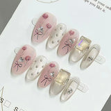Qfdian  10pcs Handmade Sweet Pink Almond Press on Nails Bowknot Floral Decor Fake Nails Reusable Manicure DIY False Nail Patches