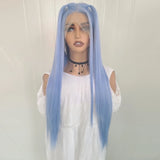 Qfdian Blue Wig Long Straight Synthetic Lace Front Wig Glueless Wig Ready to Wear Light Blue Hair Lace Wigs for Women Party Cosplay