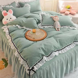 Qfdian Checkered Bedding Set Bed Skirt Ruffle Lace Princess Style Girls Duvet Cover Simple Solid Color Home Textiles Decor Bedroom