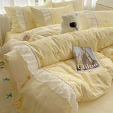 Qfdian  Fashion Lattice Bedding Set Bed Sheet Cute Princess AB Double Sided Ruffle Flower Quilt Cover Pillowcase Bedclothes Home Textile