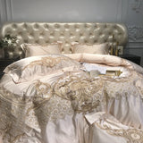 Qfdian Royal Golden Embroidery European Palace Luxury Bedding Set Champagne Brocade Egyptian Cotton Duvet Cover Bed Sheet Pillowcases