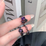 Qfdian Gothic Y2K Purple Crystal Flower Irregular Open Ring For Women Girl Aesthetic Vintage Halloween Grunge EMO Accessories Jewelry