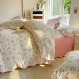 Qfdian  INS Floral Style Bedding Sets Ruffle Lace Bow Quilt Cover Romantic Bedclothes Decor Woman Girls Bedroom Duvet Cover 4pcs