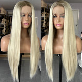 Qfdian Ombre Lace Front Wig Long Straight Synthetic Wig Brown Blonde Highlight Colored Hair 13X4 Frontal Wigs for Women Party Cosplay