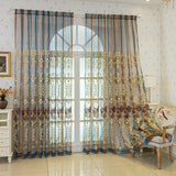 Qfdian  1Pc,European Style Blue Gradient Embroidery Bedroom Sheer Curtains, Exquisite Luxury Flower Gauze Curtains For Living Room Decor